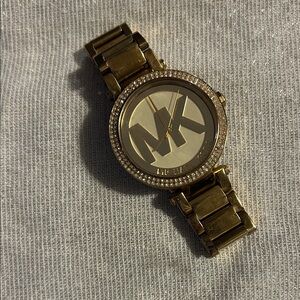 Michael Kors Gold-Tone MK Logo Crystal Bezel Bracelet Watch